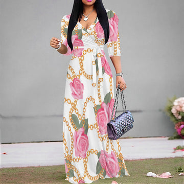 White Chain Rose Print Maxi Dress Women Elegant Floral Belted V Neck Summer Fashion