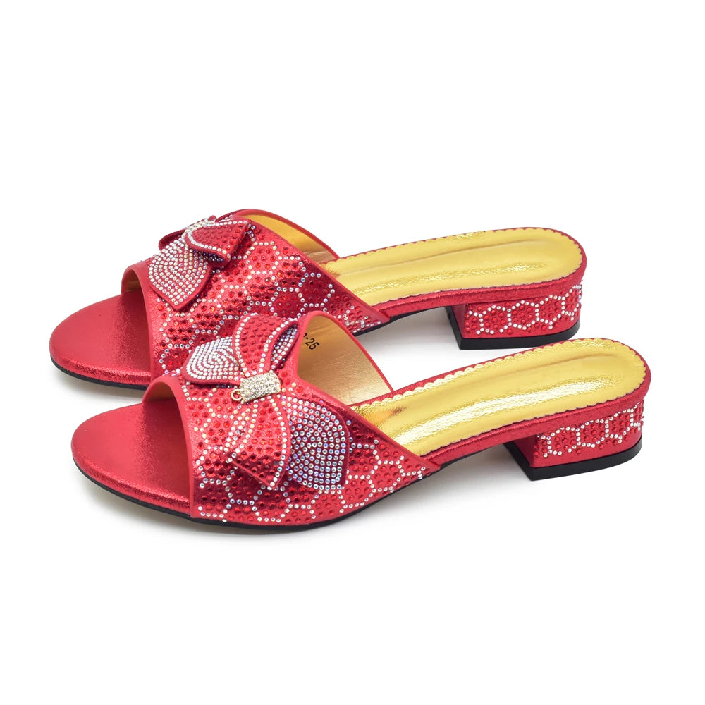 Women Bow Pumps Decorated with Rhinestone Slip-On Peep Toe Low Heels Ladies Dress Party Shoes for Bride's Wedding