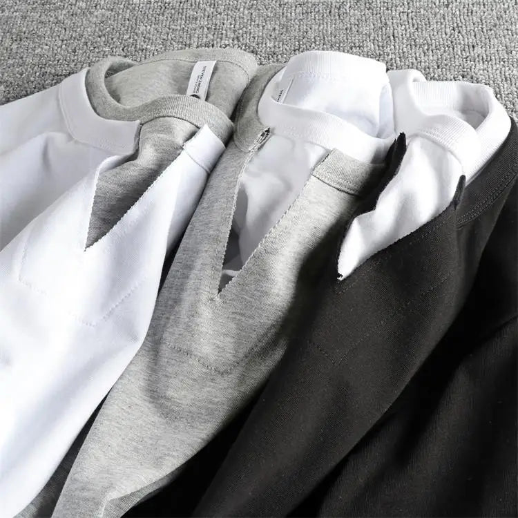 2025 Summer American Retro Short Sleeve V-neck Fake Two Pieces Solid Color T-shirt Men's 100% Cotton Washed Youth Casual Tops