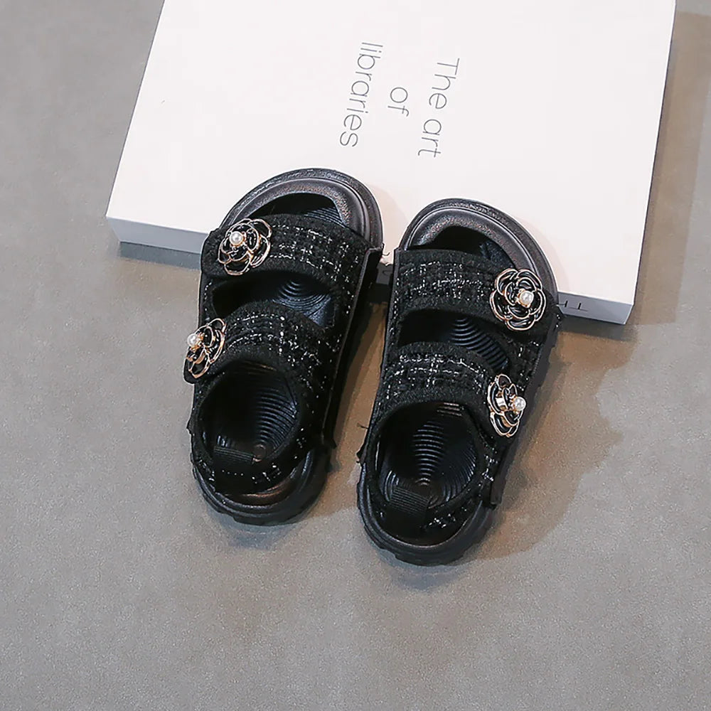 Korean Style Summer Sandals For Girls Luxury Pearl Flower Children's Beach Shoes Ergonomics Soft-soled Kid's Girl Sandals