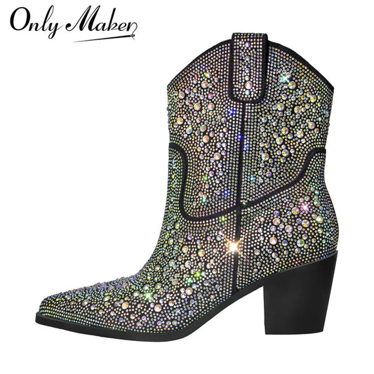 Women Rhinestone Pointed Toe Ankle Boots Silver  Glitter Bling Shiny  Pretty  Gorgeous Dress Cowgirl  Boots