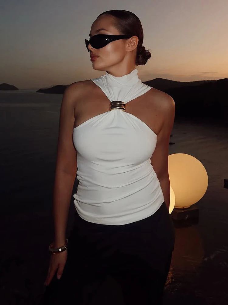 Metal Patchwork Women Fashion Tank Tops Summer Trend Ruched Turtleneck Beach Party Solid Simple Casual Elegant Outfits