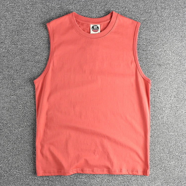 2025 Summer New American Retro Sleeveless O-neck Solid Color T-shirt Men's Fashion 100% Cotton Basketball Sports Casual Vest