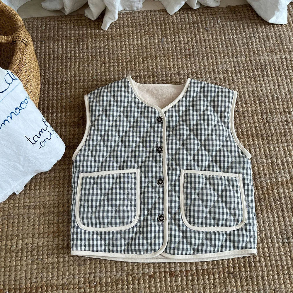 Children's Clothing Autumn Winter Girls Plaid Fur Lining Vest Kid's Warm Casual Waistcoat Jacket Boys Outwear 2-7Y Unisex
