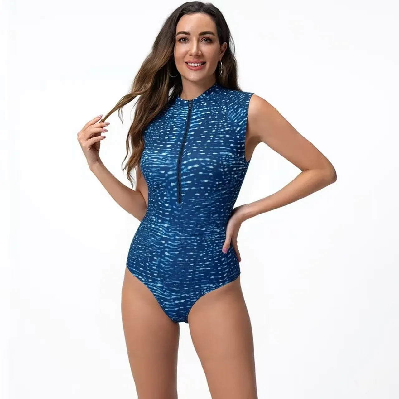 Women’s Whale Shark Print Monokini Dive Suit – Long Sleeve Surfing & Free Diving Bodysuit with Slimming Fit