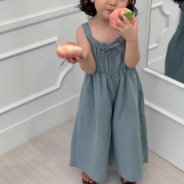 2025 Zomer Nieuwe Meisjes Mode Sling Wijde Pijpen Broek Katoen Kinderen Casual Overalls Kinderen Jumpsuit Effen Baby Meisjes Losse Broeken 4-6Y