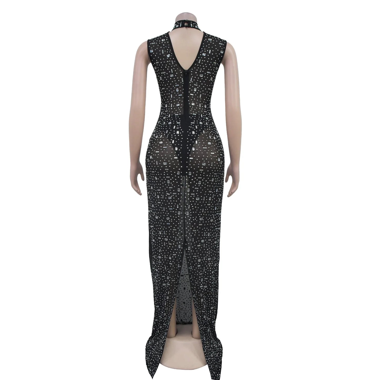 Women's Sexy See Through Sheer Mesh Halter Sleeveless Rhinestone Decor Floor-length Party Dress