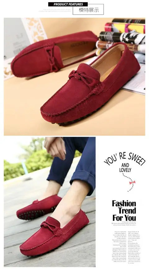 New Trend Youth Driving Loafers Red Male Formal Dress Shoes Suede Leather Lazy People Walking Shoes Good Quality Moccasins Shoes