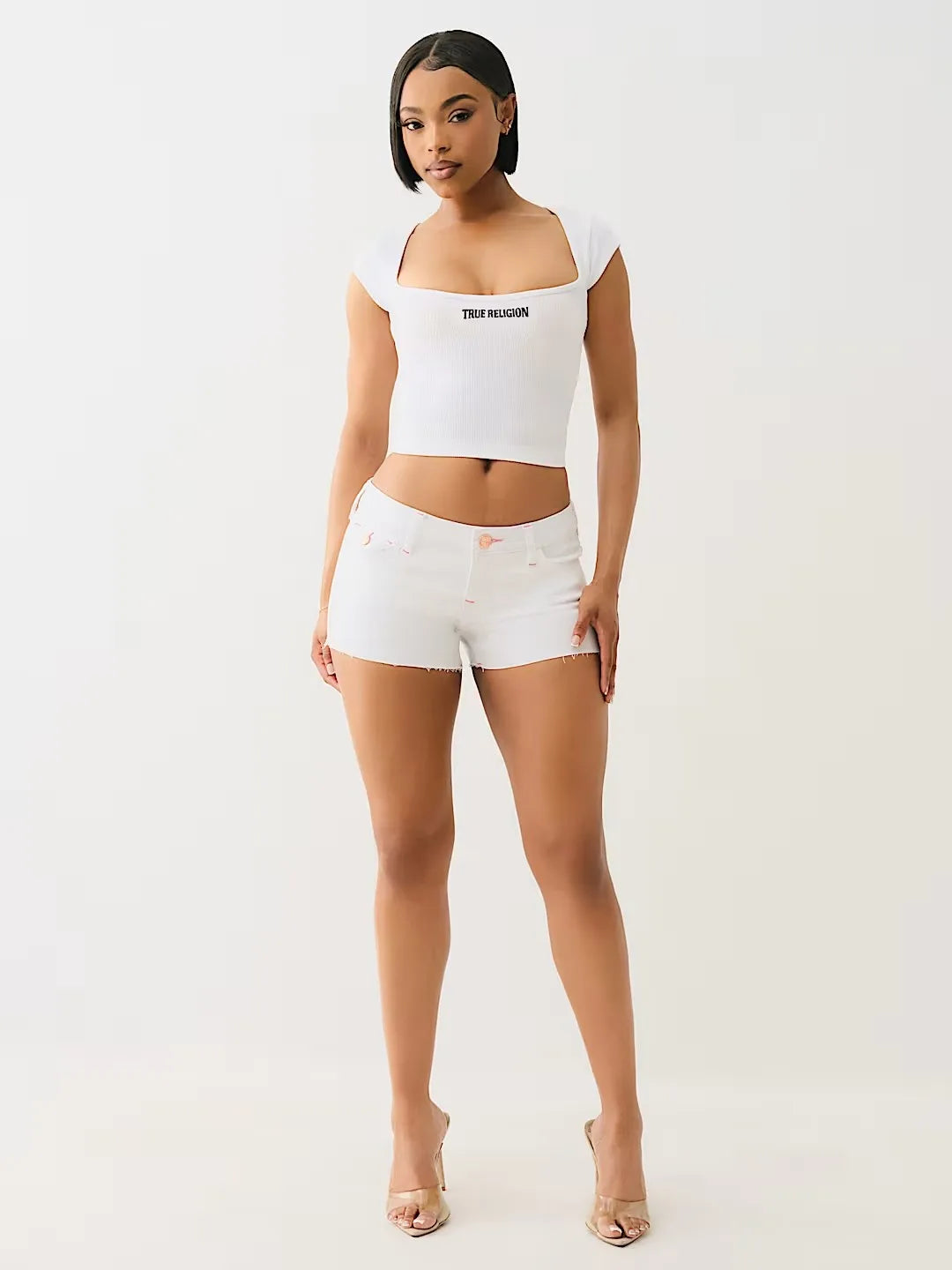 Y2K Witte Slim Fit Potlood Leggings voor Dames, Jeans met Geborduurde Zakken, Lage Taille Hip Hop Stijl Denim Shorts voor Middelbare Leeftijd