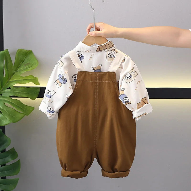 Herfst kinderkledingset kinderen schattige cartoon beer shirt + effen overall jongens 2 stuks dunne stijl outfit 1-3 jaar unisex