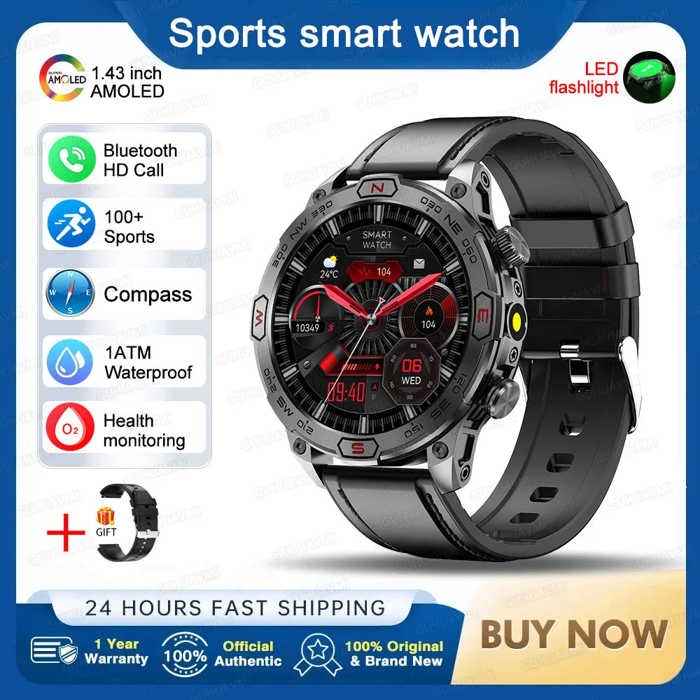 Outdoor Military Smart Watch Men Compass GPS Track Bluetooth Call IP68 Waterproof AMOLED Screen Smartwatch Compatible with Android IOS