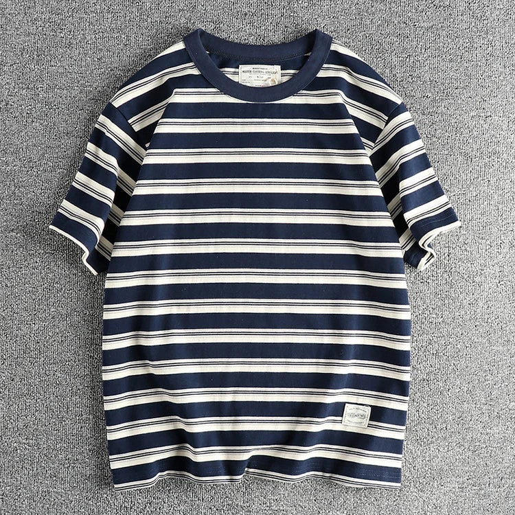 2024 Zomer Nieuw Amerikaans Retro 240g Korte Mouw O-hals Gestreept T-shirt Heren Eenvoudig 100% Katoen Gewassen Zware Casual Tops