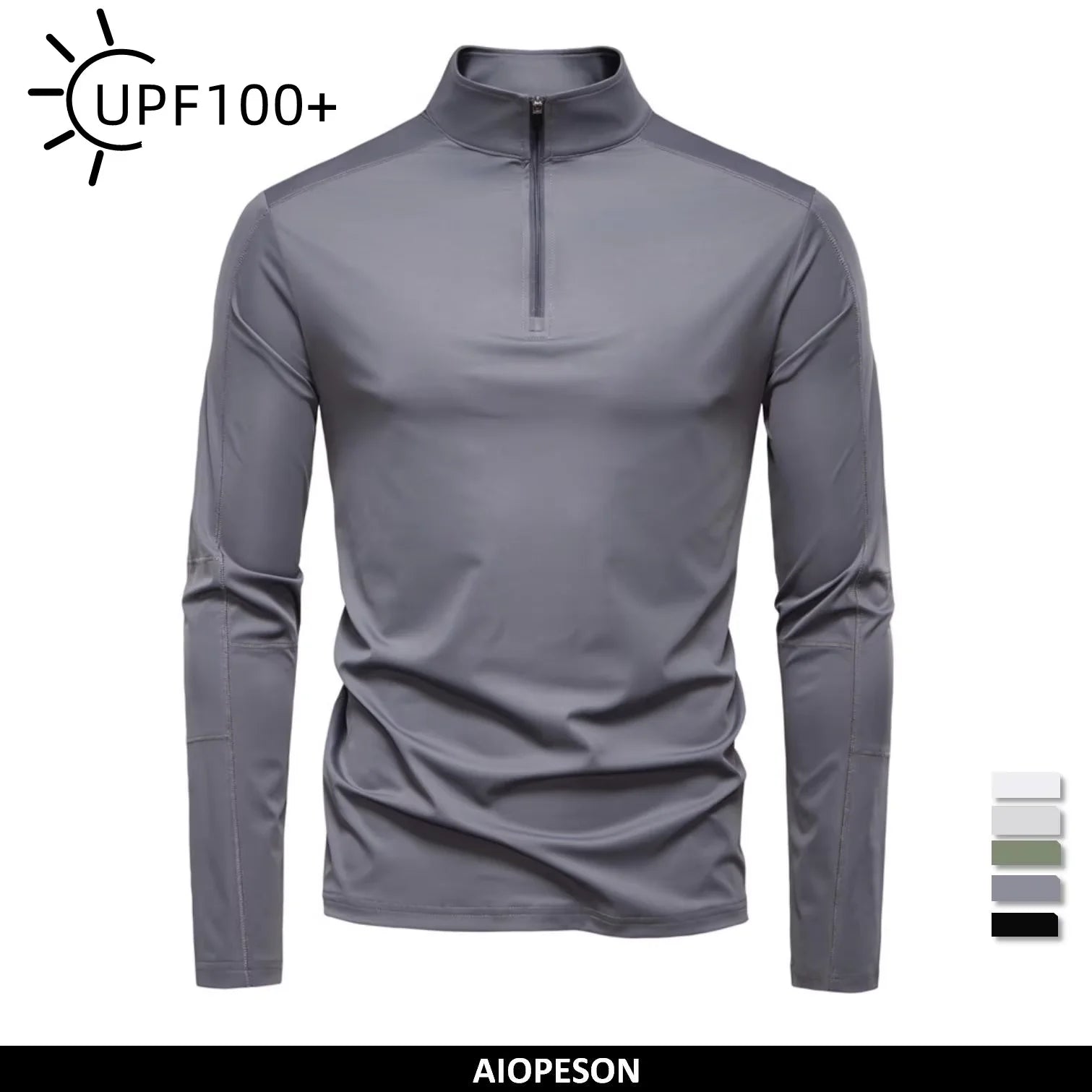 Men's UPF100+ Sun Protection Long Sleeve Shirt Solid Colour Zipper Outdoor Shirts Stand Collar Quick Dry T-Shirts