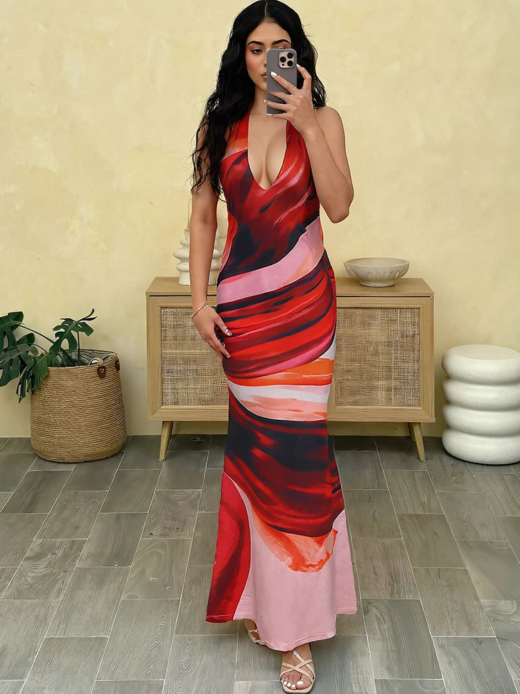 Deep V-Neck Women Long Dress Colorful Print  Sexy Backless Sleeveless Lace-Up Elegant Birthday Banquet Party Bodycon