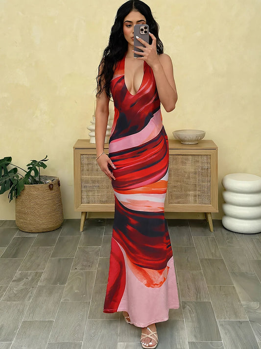 Deep V-Neck Women Long Dress Colorful Print  Sexy Backless Sleeveless Lace-Up Elegant Birthday Banquet Party Bodycon