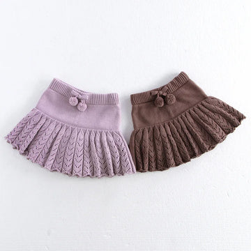 New Autumn Kids Short Skirt Girls Cute Solid Colour Knitted Pleated Skirt Children Hollow Out Knitted Shorts