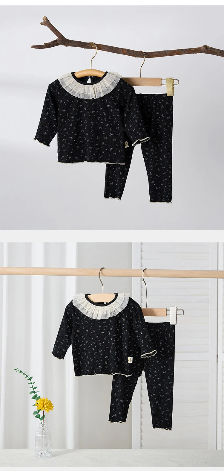 Children's New Spring Baby Pajamas Set Toddler Cute Floral Night-Clothes Girls Boys Lace Collar Home Wear 1-3Y Unisex