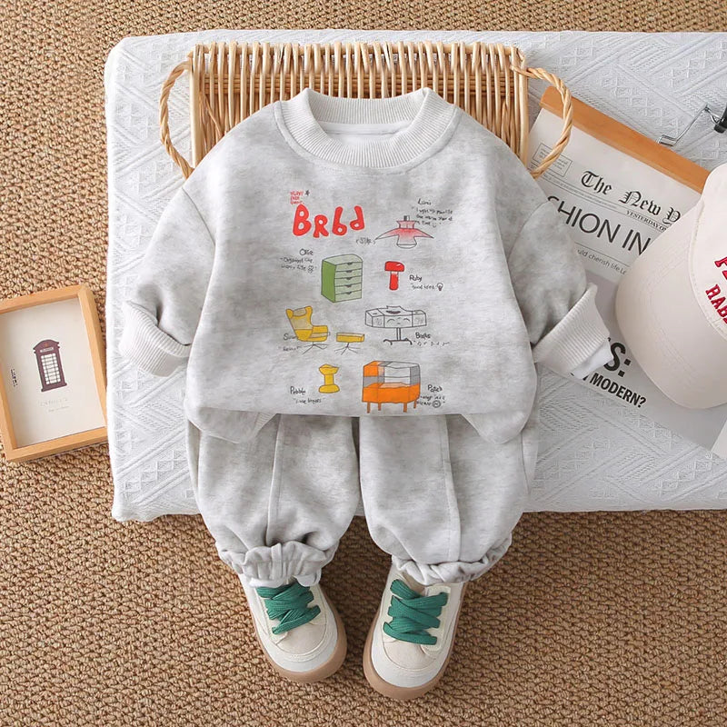 New Autumn Children Sweatshirt Set Sweet Cartoon Boys Hoodie + Sweatpants Kids 2PCS Printing Casual Suit 1-5T Unisex