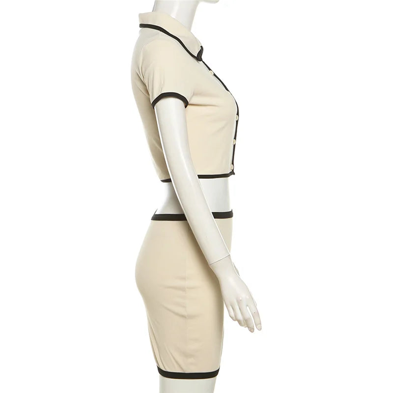 Geribbelde 2-delige set voor dames, polokraag, cardigan, crop tops + stretchrokken, bijpassende casual, eenvoudige, trendy, elegante outfits