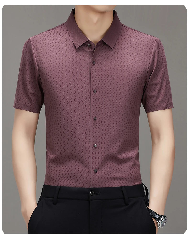 Men's Summer Lapel Shirt, Slim Fit Short-Sleeved, Fashion Dark Pattern Knitted Fabric Polo Shirt