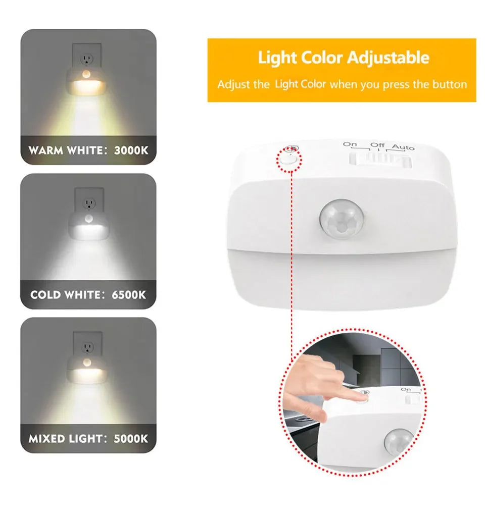 3-kleuren LED-nachtlampje met bewegingssensor EU US-stekker PIR-menselijke infraroodinductielamp voor slaapkamer, gang, trap, keuken