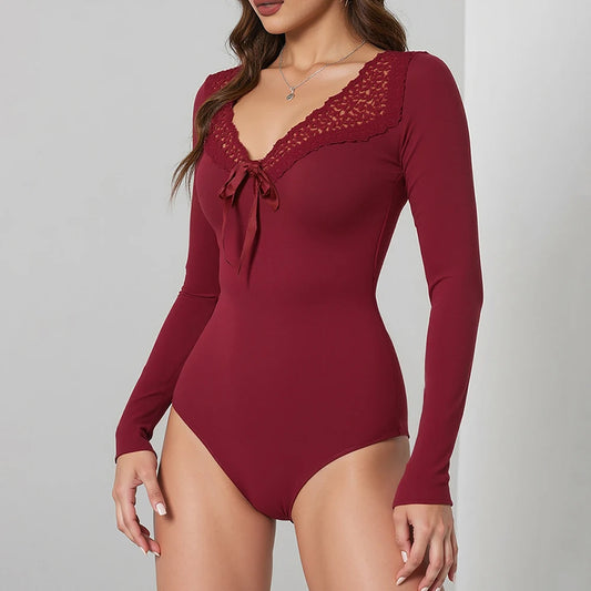 Women's Jumpsuits Summer Korean Fashion Elegant 2025 Plain Lace Long Sleeve V-neck Seaside Jumpsuits