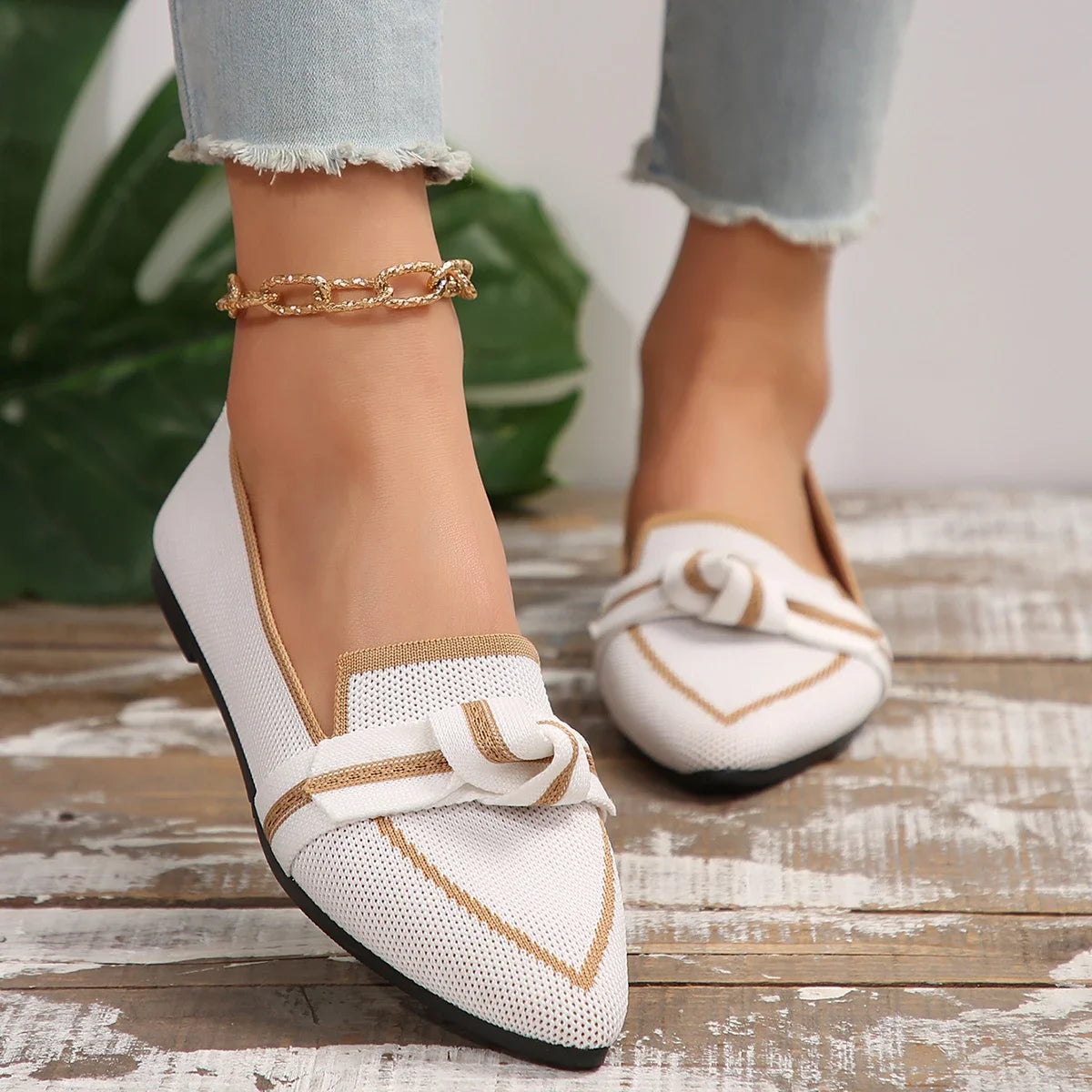 Women's Spring and Autumn Outfit Pointed Flat Breathable Casual Knot Shoes Women's Blue Pregnant Women's Low Heel Moon Shoes