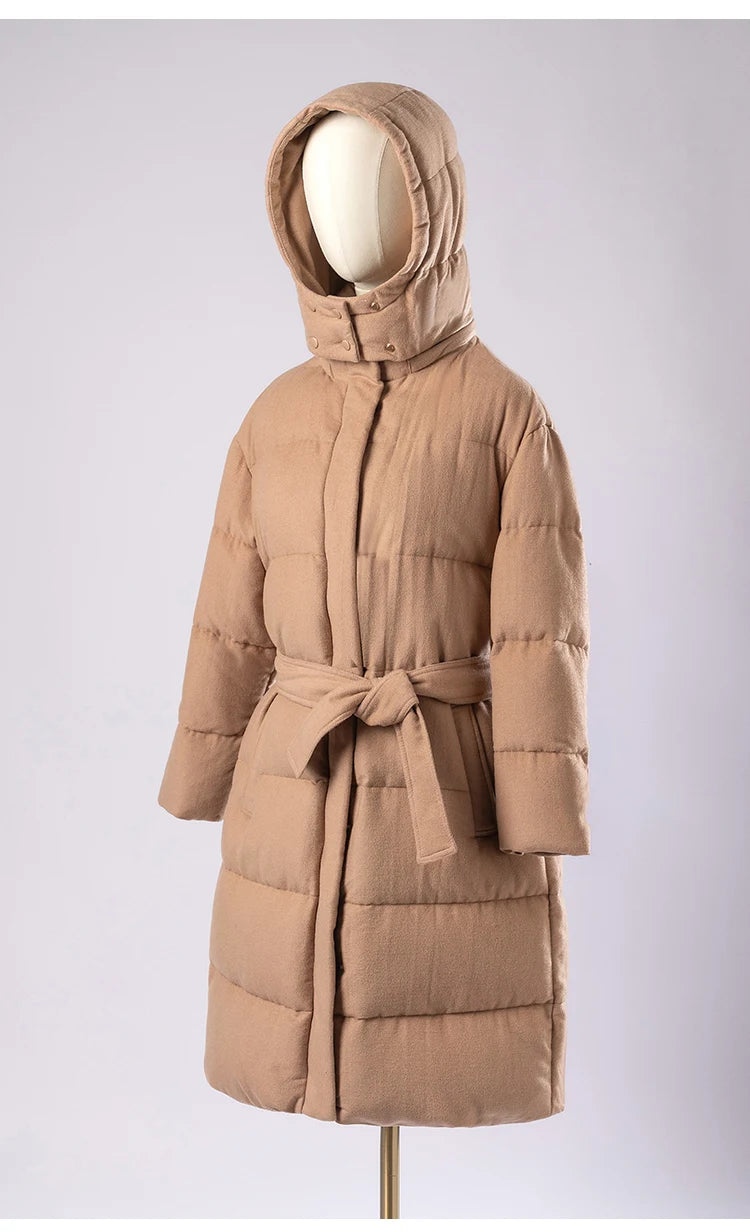 Women's Luxury Puffer Wool Winter Jacket, Duck Down Coat, Long Hat Detachable Hooded Outerwear For Ladies
