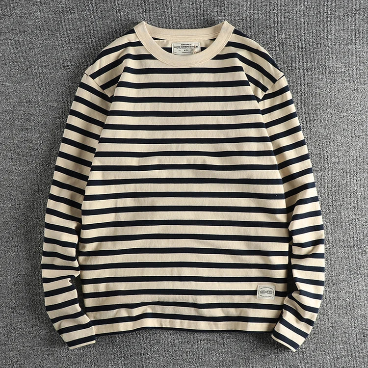 Autumn New American Retro 230g Heavyweight O-neck Striped T-shirt Men's Fashion 100% Cotton Washed Casual Loose Tough GuyTops