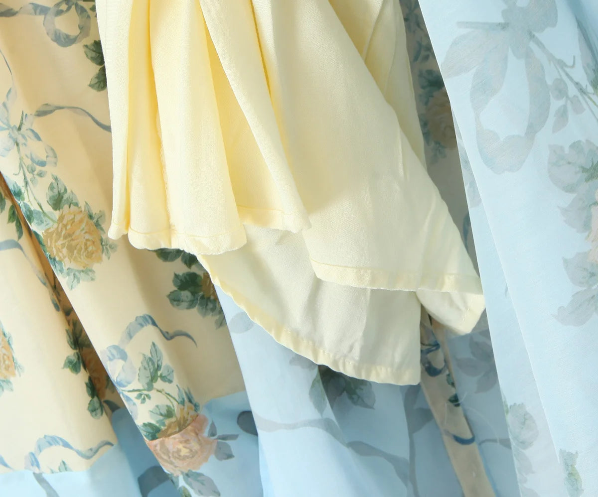 Patchwork Floral Print Boho Summer Dresses Women Vintage Puff Sleeve A-line Midi Chiffon Dress Chic Lady Vacation Robe