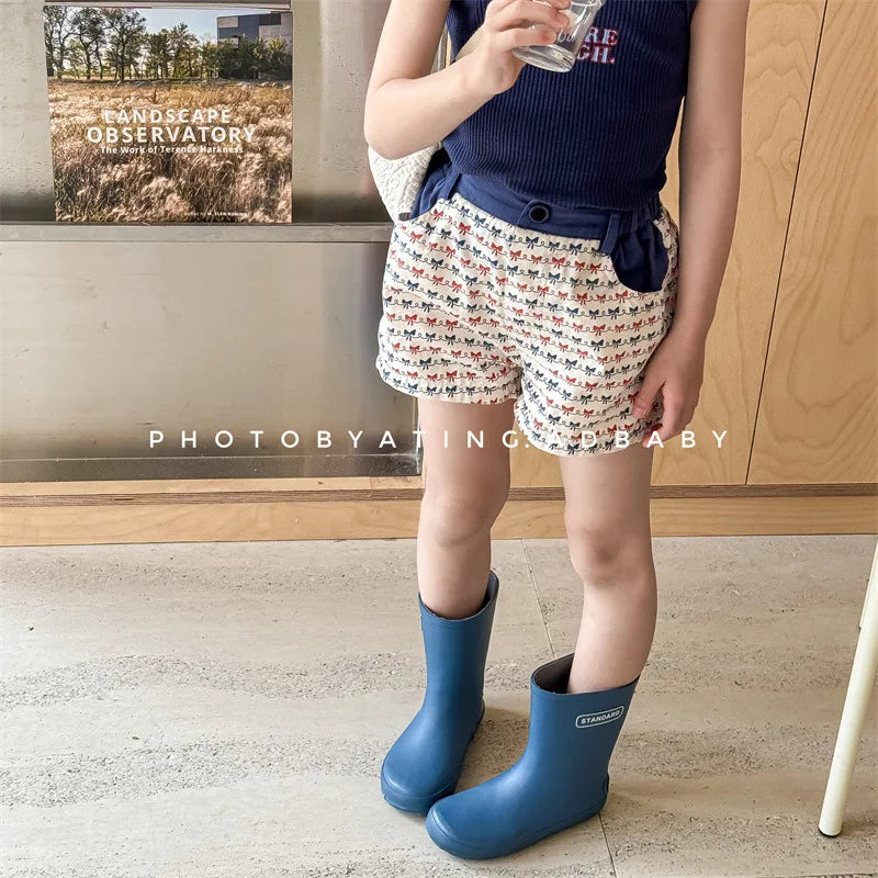 2025 Zomer Nieuwe Baby Meisjes Strik Print Shorts Katoenen Kinderen Losse Shorts Kinderen Veelzijdige Casual Broek Ademende Peuterkleding 4-6Y