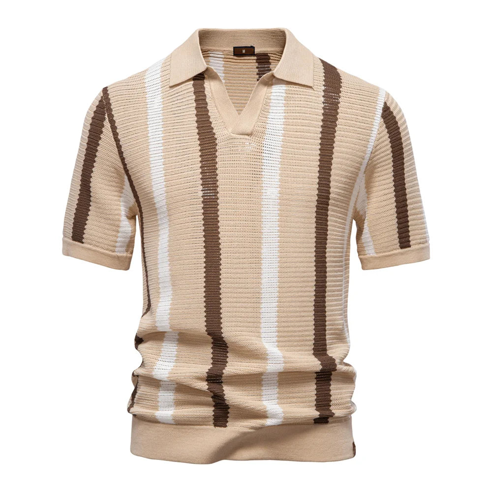 Men's Ribbed Knit Polo Shirt For Breathable Striped Casual Wear with Comfortable Collar High quality Male Polo Shirt
