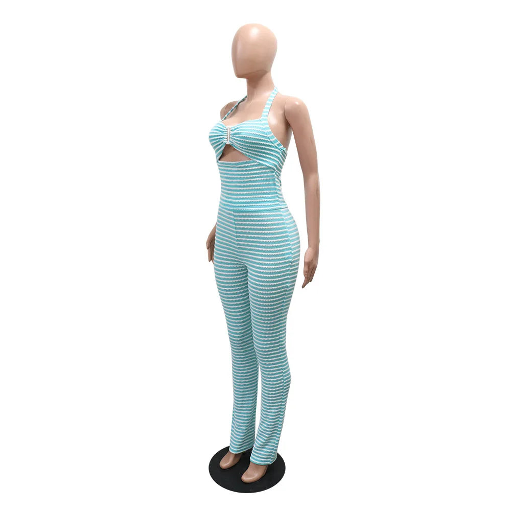 Women's Sexy Halter Backless Striped Sleeveless Top and High Waist Pencil Pants 2pcs Set