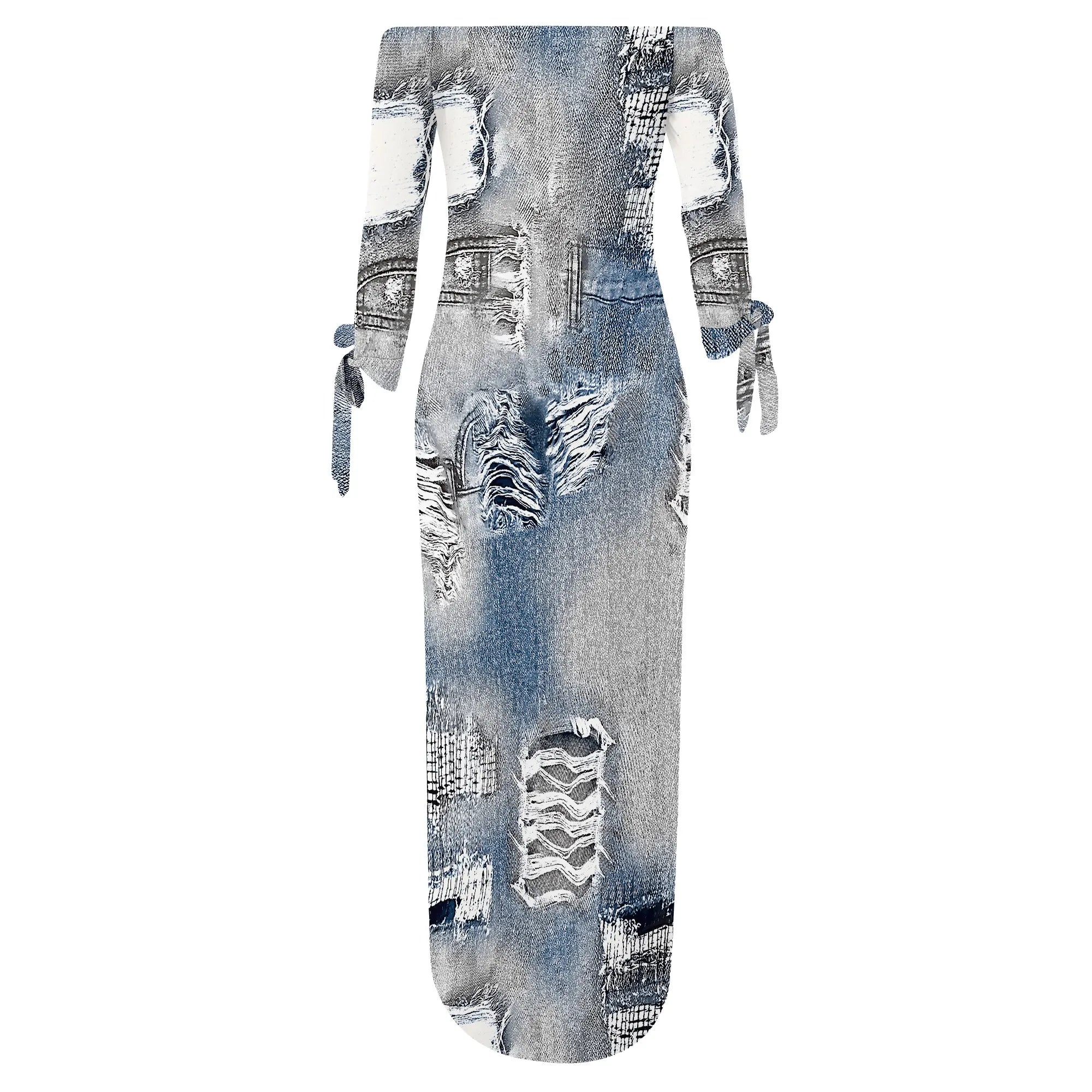Denim Retro Print Long Sleeve Slim Fit Elegant Casual Slit One-Shoulder Neck Dress