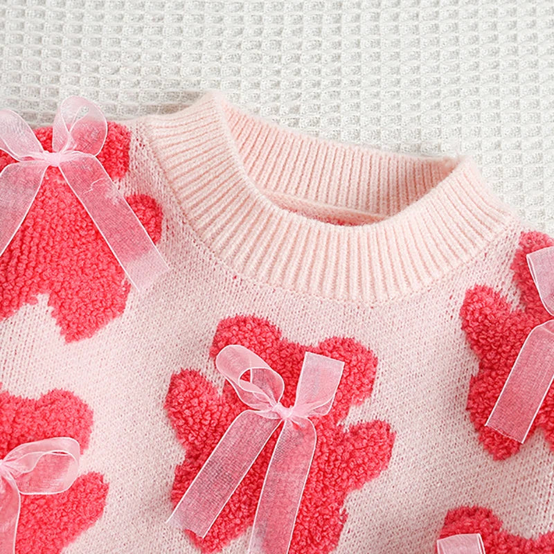 New Autumn Girls Knitted Sweater Sweet Bear Bow Kids Sweater Korean Loose Children Outwear Tops 9M-5T Girls