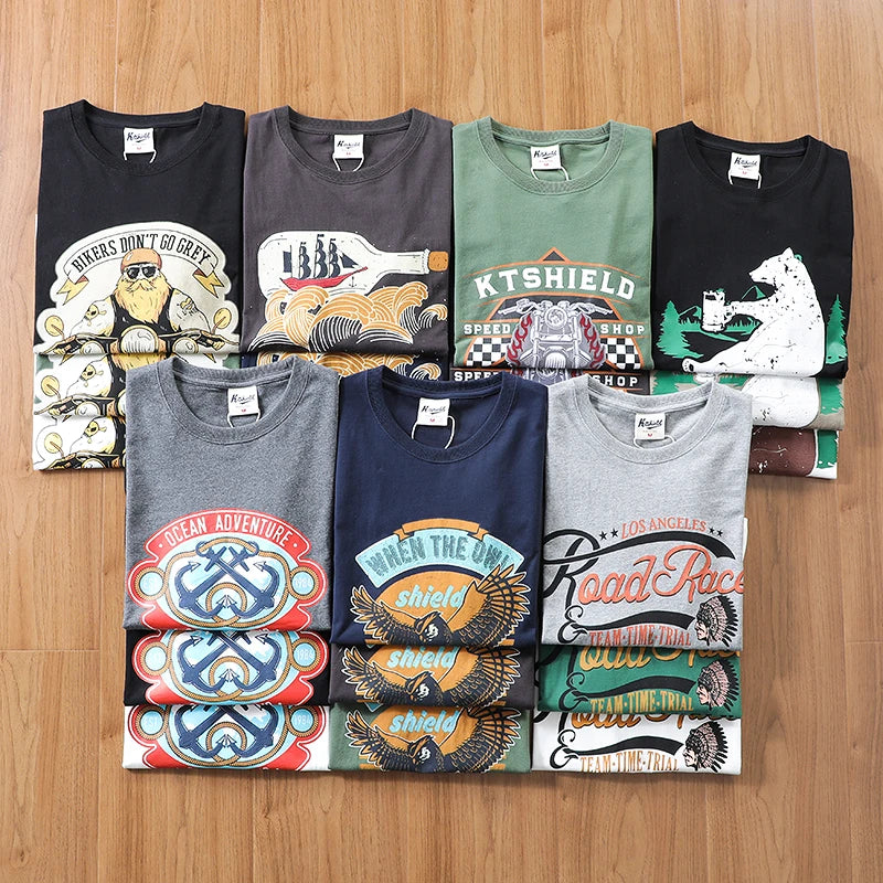 2025 Summer New American Retro 250g Short Sleeve O-neck Printed T-shirt Men's Fashion 100% Cotton Washed Casual Loose Tops