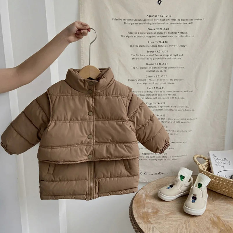 Winter Kids Parkas Thicken Vest And Parkas 2 Pcs Boys Long Parka Cotton Lining Girls Jacket 4-6Y Unisex