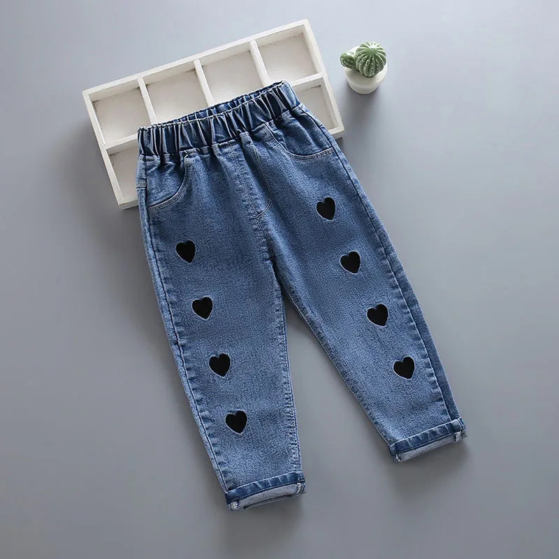 New Spring Kids Jeans Girls Boys Cute Embroidery Cherry Flower Denim Blue Pants Children Outwear Trousers 4-6Y Unisex