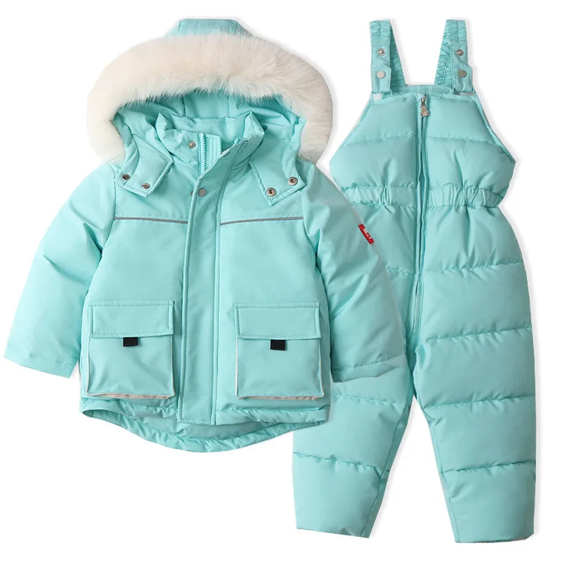 Unisex 2Pcs Winter Warm Children's Ski Clothes Set Thicken Fur Lining Hooded Coats & Overalls Set Snowsuit For Kids 2-5Y