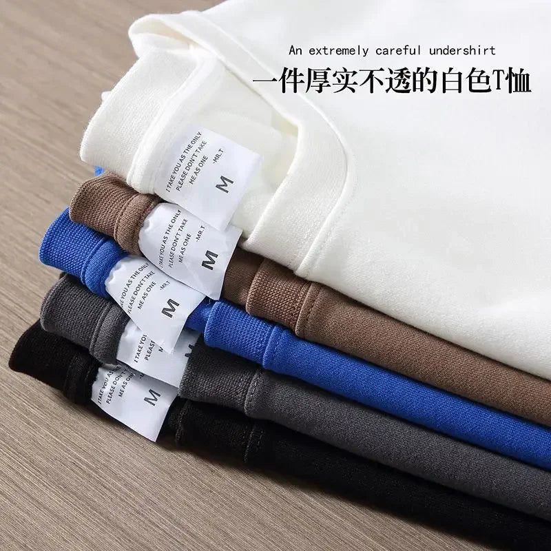 Black White GSM 500g Heavy-Duty Pure Cotton T-shirt Thickened Threaded Round Neck Short Sleeves Three Needle Half Sleeve Tees