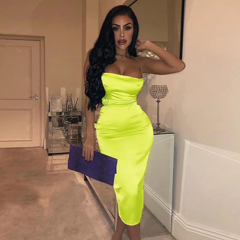 Neon Satin Lace Up Women's Long Midi Dress Light Pink Bodycon Backless Elegant Party Sexy Club Clothes Summer Dinner Outfit