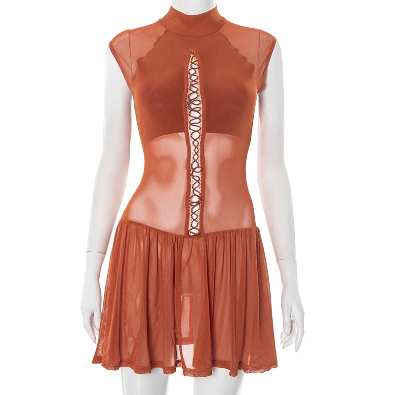 Hollow Sexy Dress Women o-Neck Coquette Sleeveless Patchwork Pleated Hem Halter Summer Midnight Clubwear Mini Bodycon