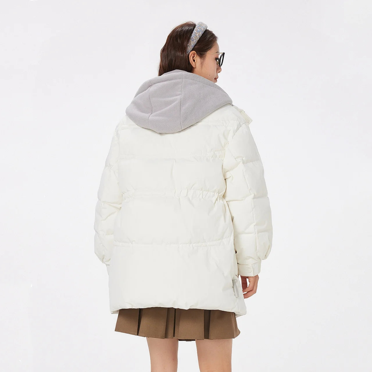 Women's Faux Two-Piece Mid-Length Puffer Jacket With Cosy Polar Fleece Lining, Hooded Warmth Loose Duck Down Coats For Ladies