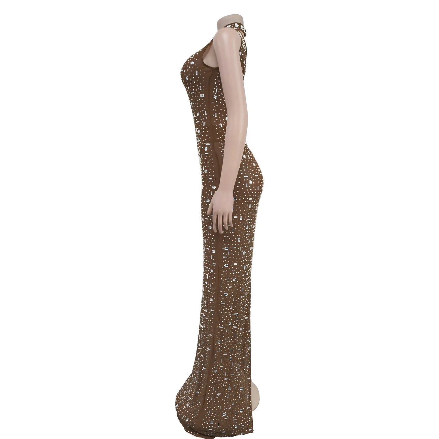 Women's Sexy See Through Sheer Mesh Halter Sleeveless Rhinestone Decor Floor-length Party Dress