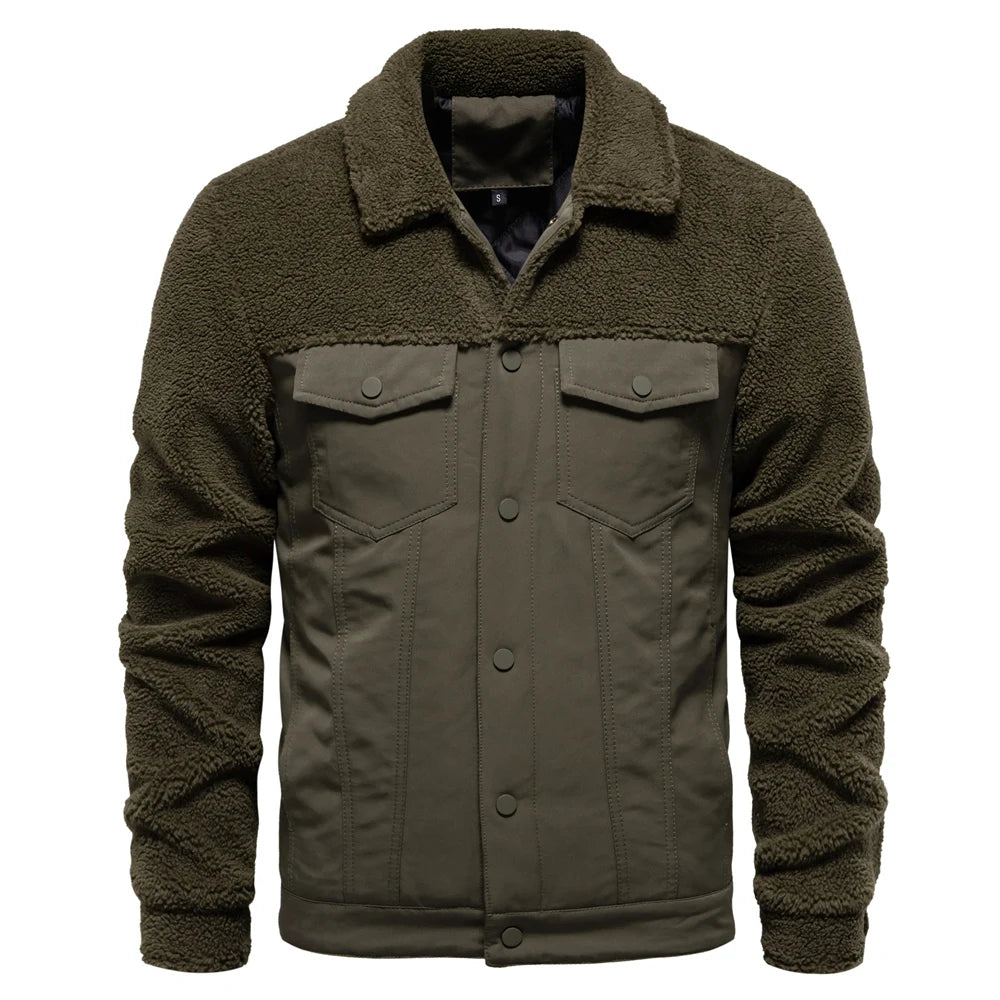 Men's Winter Warm Thick Sherpa Fleece Jacket Patchwork Fur Collar Fashion Casual Work Jackets for Men
