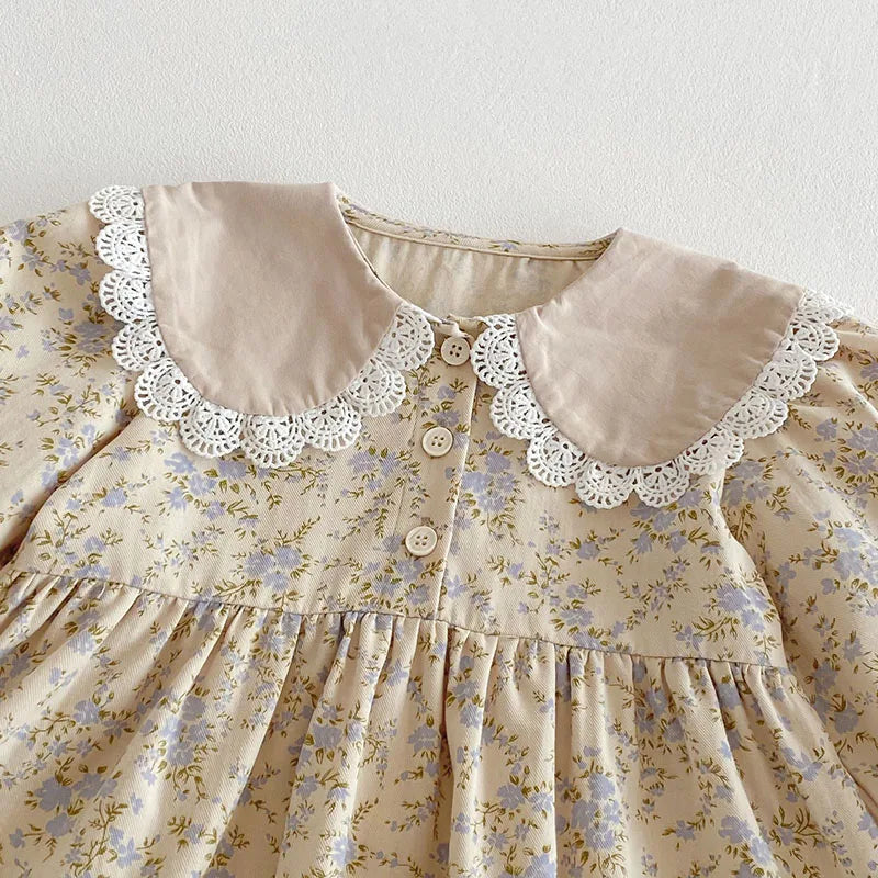 New Spring Girls Floral Dress Kids Cute Lace Doll Collar Princess Dress Children Sweet Flower Clothes For Kids 1-3Y Girls