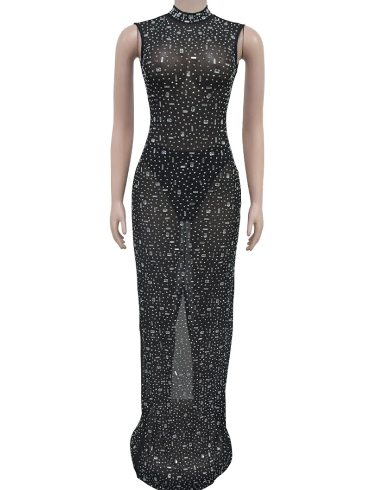 Women's Sexy See Through Sheer Mesh Halter Sleeveless Rhinestone Decor Floor-length Party Dress