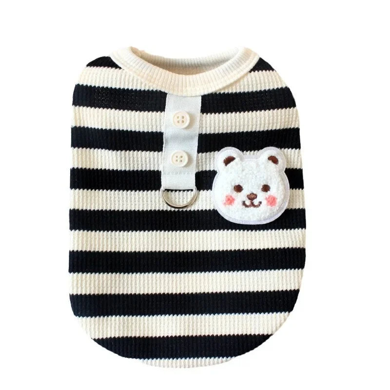Pets Cat and Dog Clothes, Waffle Grid Vest for Spring/Summer, Striped T-Shirt with Leash for Small Dogs, Summer Outfit