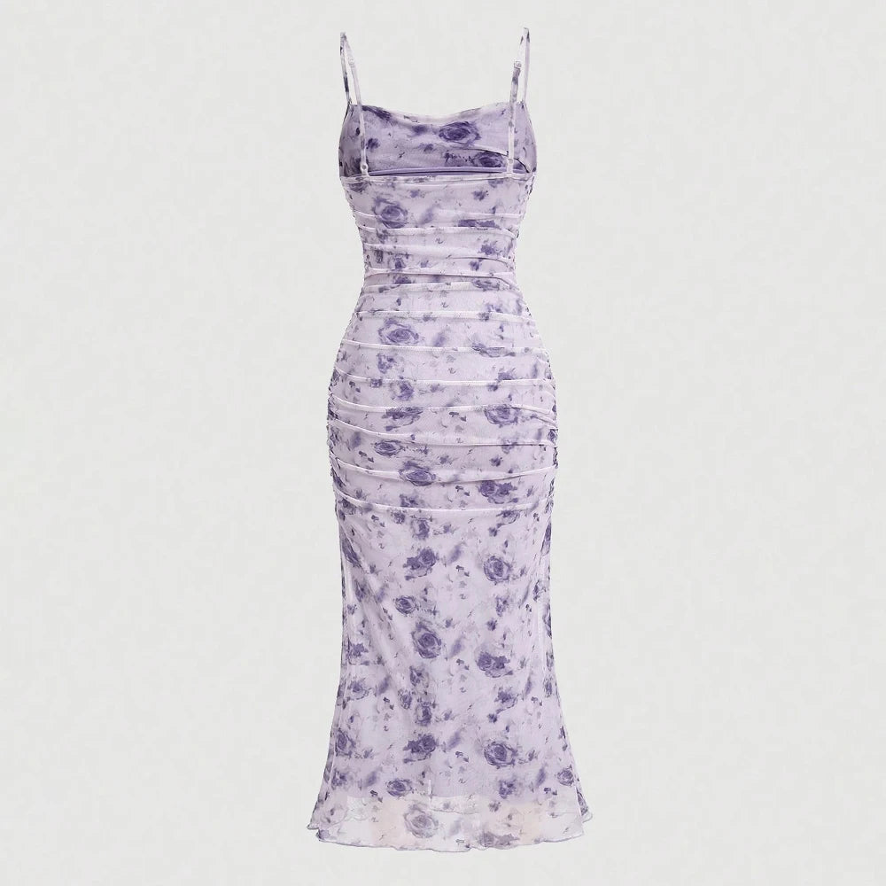 Dresses Summer Skinny Fit Elegant Floral Sleeveless Square Neck Maxi Party Lettuce Trim Dresses For Women