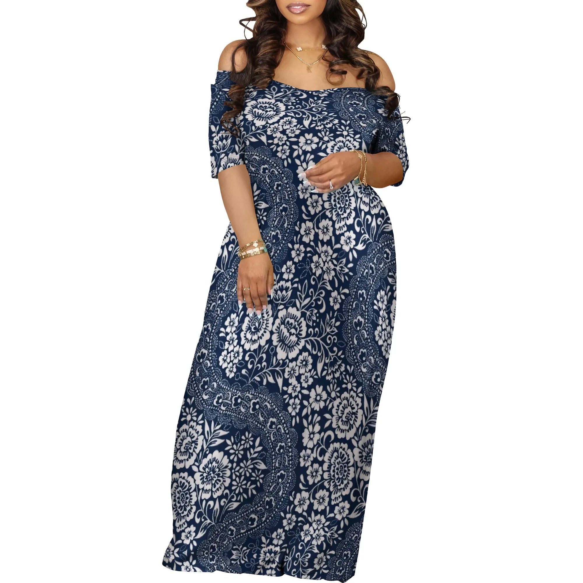 Trendy Off Shoulder Floral Print Maxi Dress Women Summer Look with Side Pockets